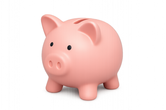 Pink piggy bank with a coin slot, round body, and legs, sitting on a white surface. Isolated on transparent background.