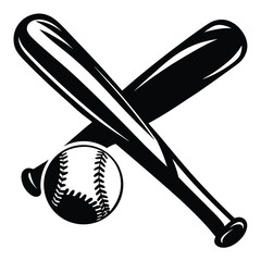 Black and white image depicting crossed baseball bats with a baseball