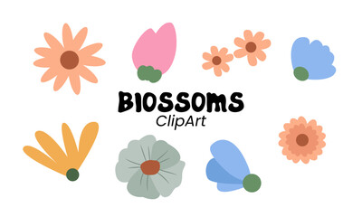 Colorful flat flower clipart set with various floral shapes