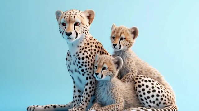 A mother cheetah and her two adorable cubs resting against a soft blue backdrop, exuding warmth