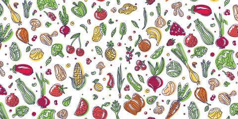 Vegetables and fruits in color. Seamless hand drawn doodle pattern on dark background. Illustration for background, card, poster, banner, textile print, cover, web design. Eat healthy. Vector icons.