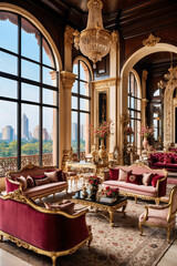 Obraz premium luxury heritage villa photography indian interior red gold decor theme ornate couch traditional carpet royal elegant cultural setting interior design wallpaper background