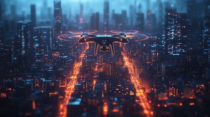 Fototapeta premium A drone scanning a city and creating a live 3D holographic model of the landscape