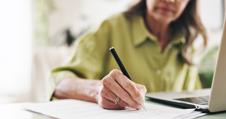 Hands, writing and documents with old woman at home for retirement fund savings, signature and...