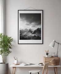 White wall, framed poster mockup hanging on clips, home setting,  wall decor,  background,  clean