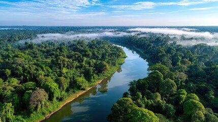 Obraz premium drone view of a winding river cutting through a dense, tropical rainforest