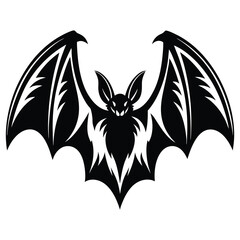 A stylized black and white illustration of a bat with spread wings
