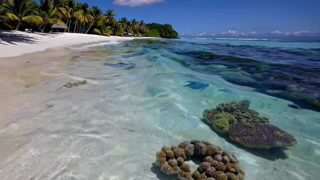 Shallow Tropical Matira Shoreline with Coral and Gently Moving Waves, Static Shot