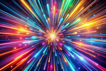 Dynamic abstract burst of colorful light beams radiating from a central point background