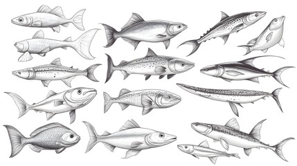 Collection of diverse fish species in monochrome line drawings.