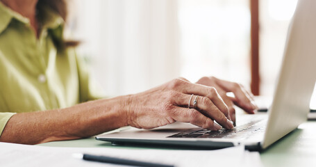 Hands, research and laptop with old woman at home for retirement fund savings, pensioner asset and...