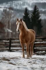 Obraz premium Golden Palomino Horse in Winter Wonderland: Serene Equestrian Portrait