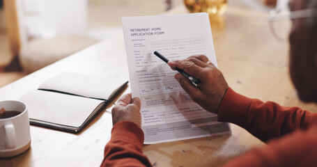 Hands, person and document for retirement at house with identity, info and reading with...
