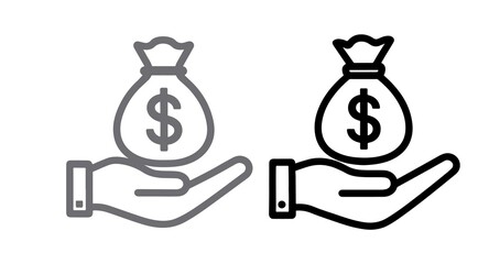 Minimalist black and white vector icon featuring a stylized hand holding a money bag with a dollar sign. Ideal for use in finance-related designs, banking apps, savings, investment themes, charity, cr