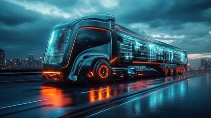 Fototapeta premium A concept futuristic truck with a holographic cargo tracking system 