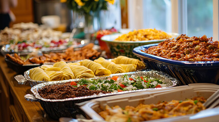 A table full of food with a variety of dishes including a tray of nachos