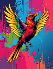Obraz premium bold, colorful pop art style showing a bird with stylized, shimmering wings, in a vibrant, abstract background