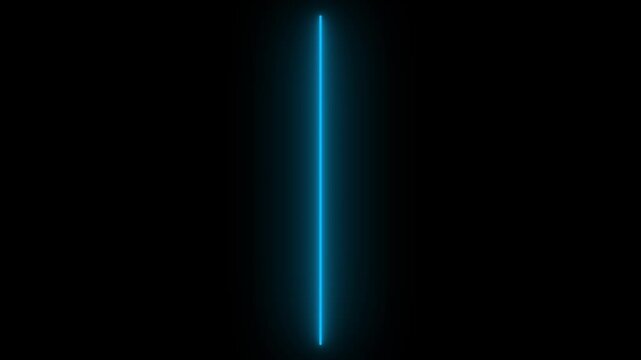 Minimalist animation of glowing vertical blue neon line or light saber effect on isolated black background. Seamless loop for tech, sci-fi, abstract visuals