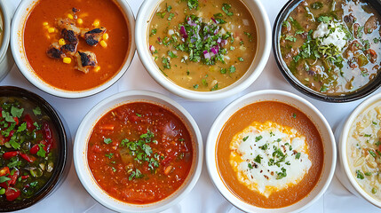 A row of bowls filled with different types of soup