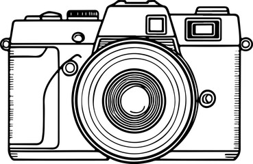 A detailed black and white line drawing of a classic single-lens reflex (SLR) camera with its lens, viewfinder, and various controls clearly outlined.