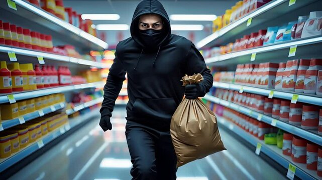 Masked person in black hoodie running through a brightly lit supermarket aisle while holding a brown bag filled with stolen grocery items

