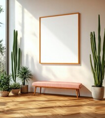 Sunlit Room with Pink Bench and Cacti, Minimalist Interior Design