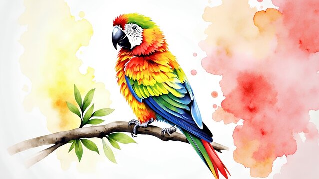 watercolor colorful parrot on a branch