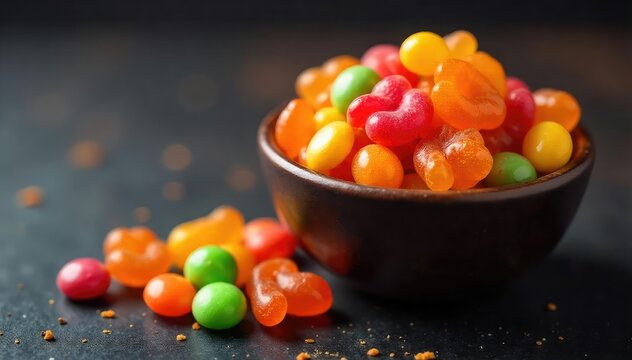 A colorful assortment of Halloween candies in a bowl, ready for trick-or-treating , halloween treats, variety, gummy - Powered by Adobe