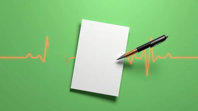 A blank sheet of paper and a pen rest on a green background with an orange electrocardiogram line running through it.