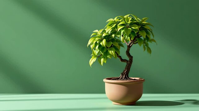 A small bonsai tree with lush green leaves sits in a simple clay pot against a softly lit green background.