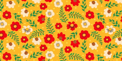Red and White Flower Seamless Pattern with Cute Nature Wild Field Florals Isolated on Yellow Background. Doodle quirky summer and spring plants. Feminine repeatable backdrop perfect for fashion