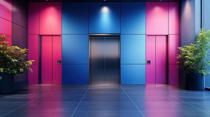 Modern Elevator doors of office or hotel hallway,holiday season decor with christmas tree,Lobby interior, corridor in house with lift,marble elegant lift for passenger or cargo elevators,copy space.