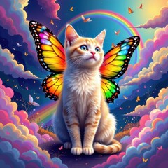 abstract colorful digital art of a cat with glowing butterfly wings amidst swirling rainbows and vibrant clouds