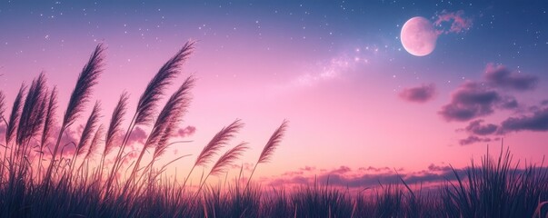 Full moon and Japanese pampas grass in midnight,The harvest Miscanthus sinensis and full moon,beautiful night sky in the countryside with the perfect pink moon exudes beauty in the dark.