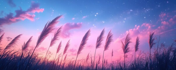 Obraz premium Full moon and Japanese pampas grass in midnight,The harvest Miscanthus sinensis and full moon,beautiful night sky in the countryside with the perfect pink moon exudes beauty in the dark.