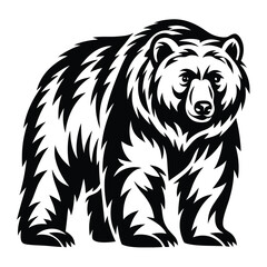 Detailed black and white illustration of a majestic grizzly bear standing proudly
