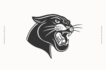 Black and white illustration of a fierce panther head in mid-roar, showcasing strength and aggression. Perfect for tattoos, logos.