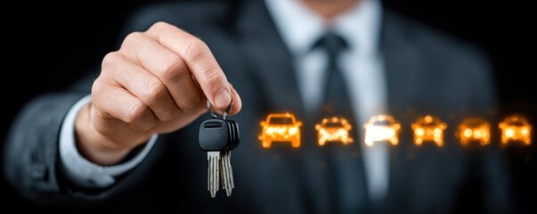 A man in a suit holds car keys with illuminated car icons in the background, symbolizing car sales, rental, or leasing.