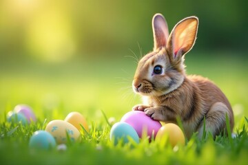 Adorable Easter bunny hiding colorful eggs in a spring meadow , bunt, Blumen