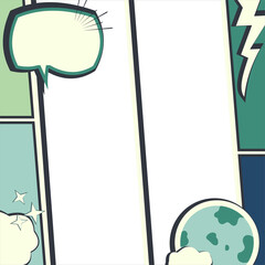 Eco Comic Style Background, Environment and Nature Theme, eco-friendly elements such as leaves, the Earth, clouds, and a lightning bolt