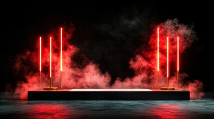 Spectacular fireworks display with red illumination and smoke effects creating a vibrant and dynamic celebration scene against a dark night sky