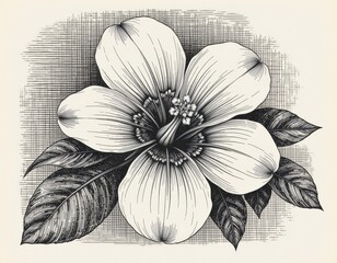 Fototapeta premium vintage botanical engraving of a flower with detailed line work and stippling, with beads of water on petals