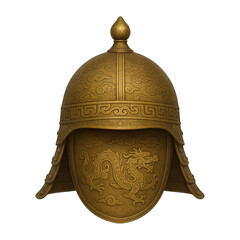 Front view of ancient golden dragon helmet isolated on transparent background, generative ai