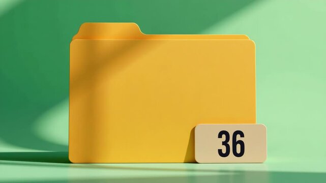 A yellow file folder with a label displaying the number 36 stands against a green background in bright light.