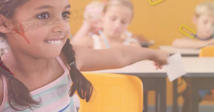 Girl with braids reaching for flashcard among yellow desks in classroom, displaying data overlays