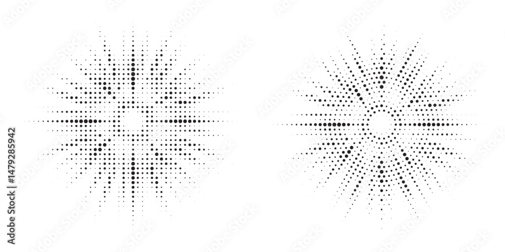 Leinwandbilder Halftone Background. Glowing light Halftone effect. Abstract grunge Starburst halftone dots background set. Star Flare, Shine light halftone texture. Retro background, pop art style.	