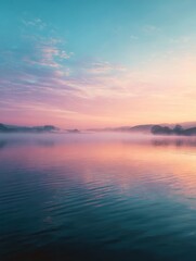 Serene Morning Landscape with Soft Color Palette Over Calm Water Surrounded by Misty Horizon and Gentle Reflections from Early Dawn Light