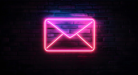 A vibrant neon envelope sign against a dark brick background, symbolizing communication, digital messaging, and the exchange of ideas in a modern, tech-inspired design