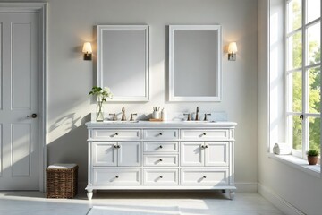 Fototapeta premium Classic white bathroom vanity with marble top, white, mirror