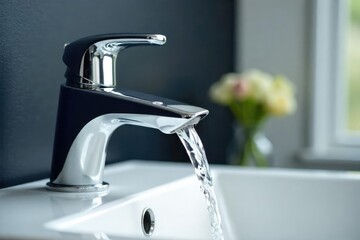 Close-up of a modern bathroom faucet, water flowing Chrome finish, sleek design , clean lines, home, new